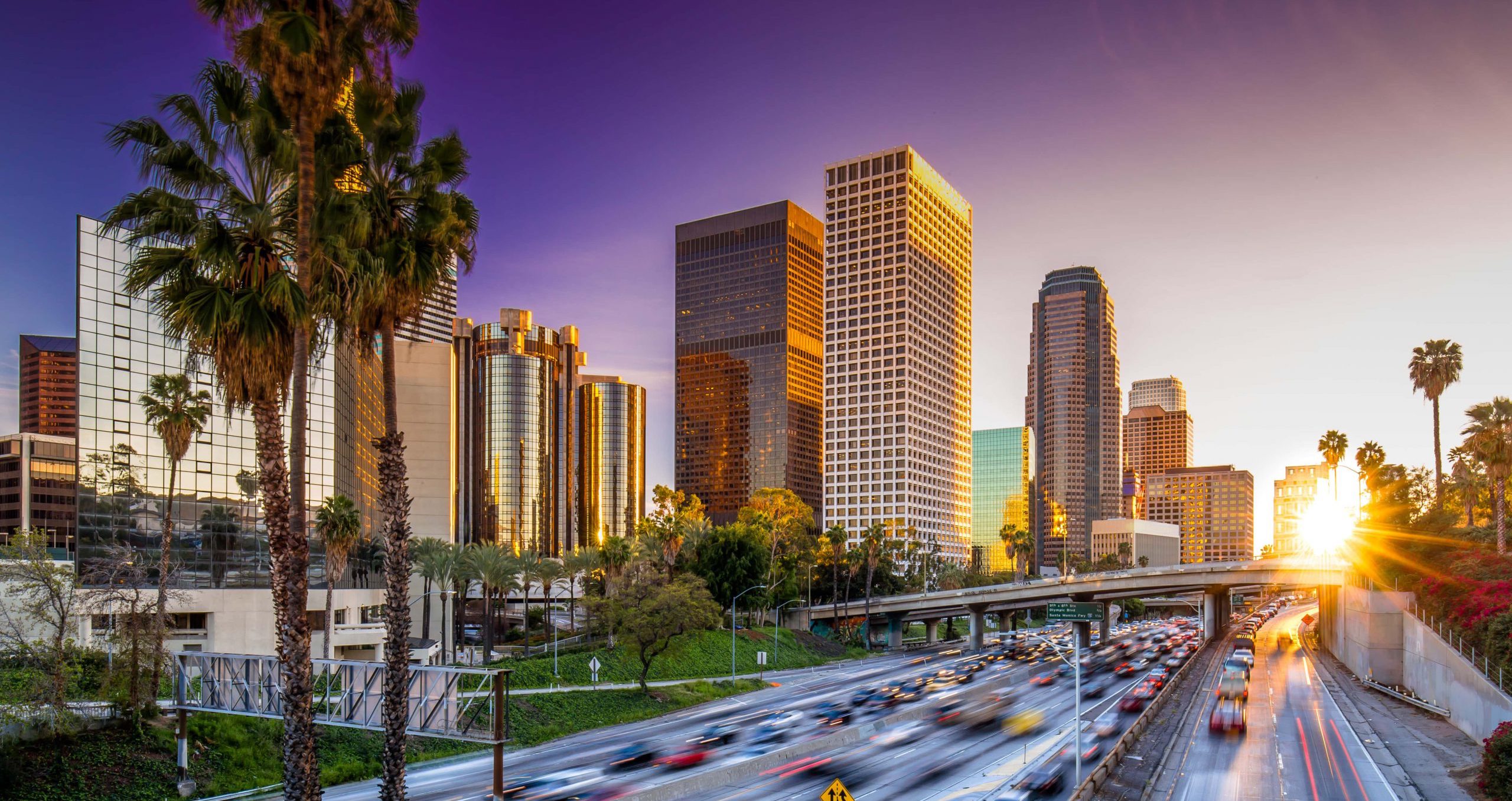 Los Angeles downtown skyline sunset buildings highway